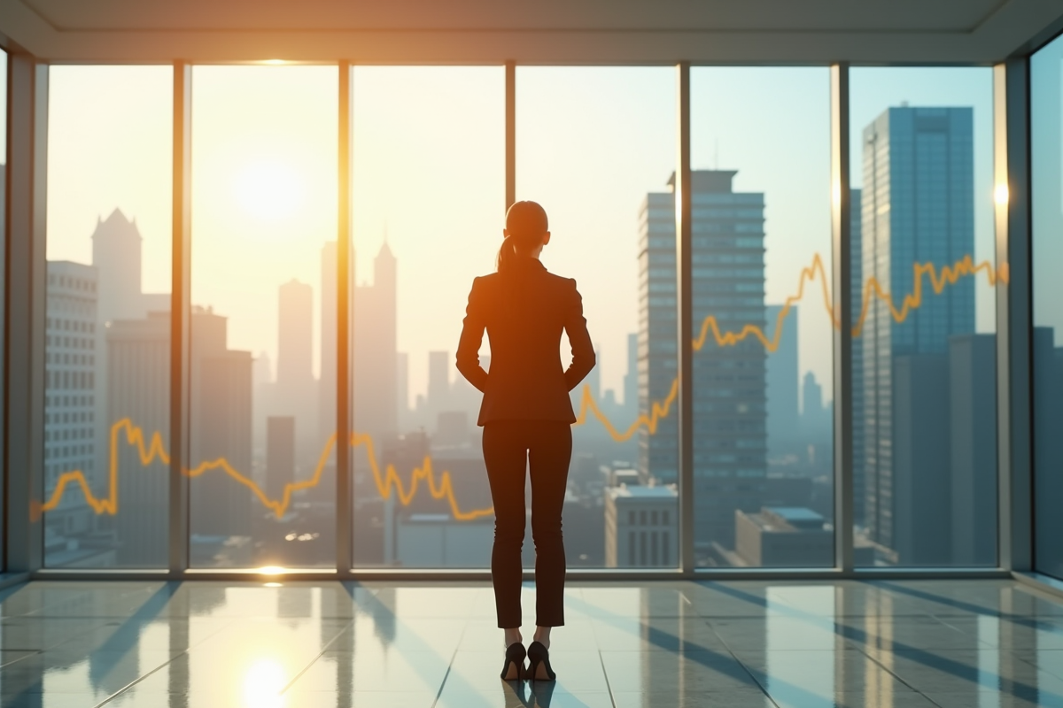 Femme d'affaires confiante devant la skyline urbaine