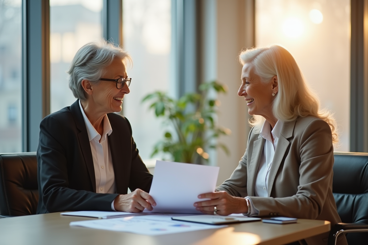 Femme agee rencontrant un conseiller financier dans un bureau moderne