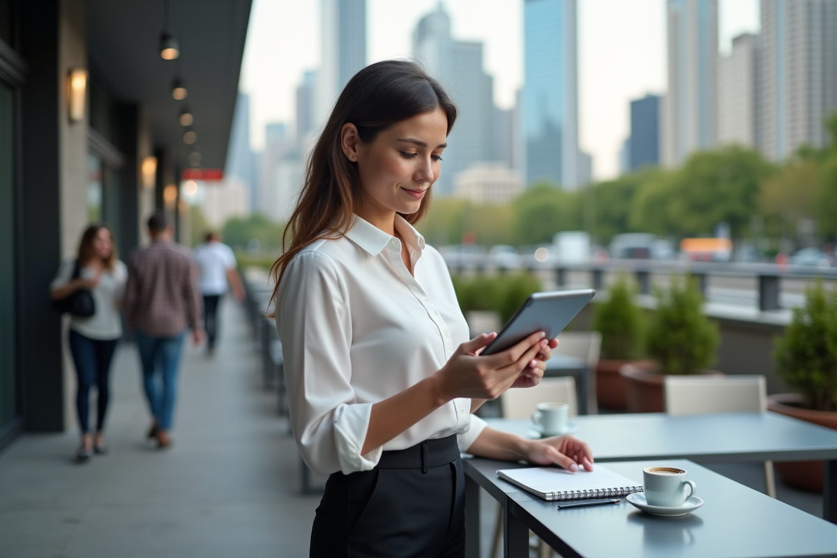 Jeune femme analysant des graphiques boursiers en extérieur