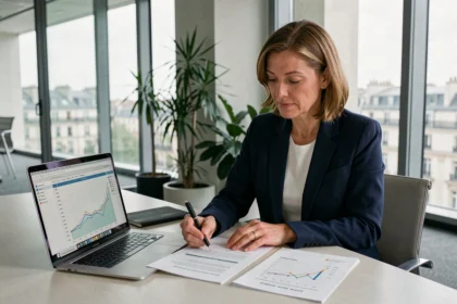 Femme cadre analysant des documents de SCPI dans un bureau moderne avec vue sur Paris