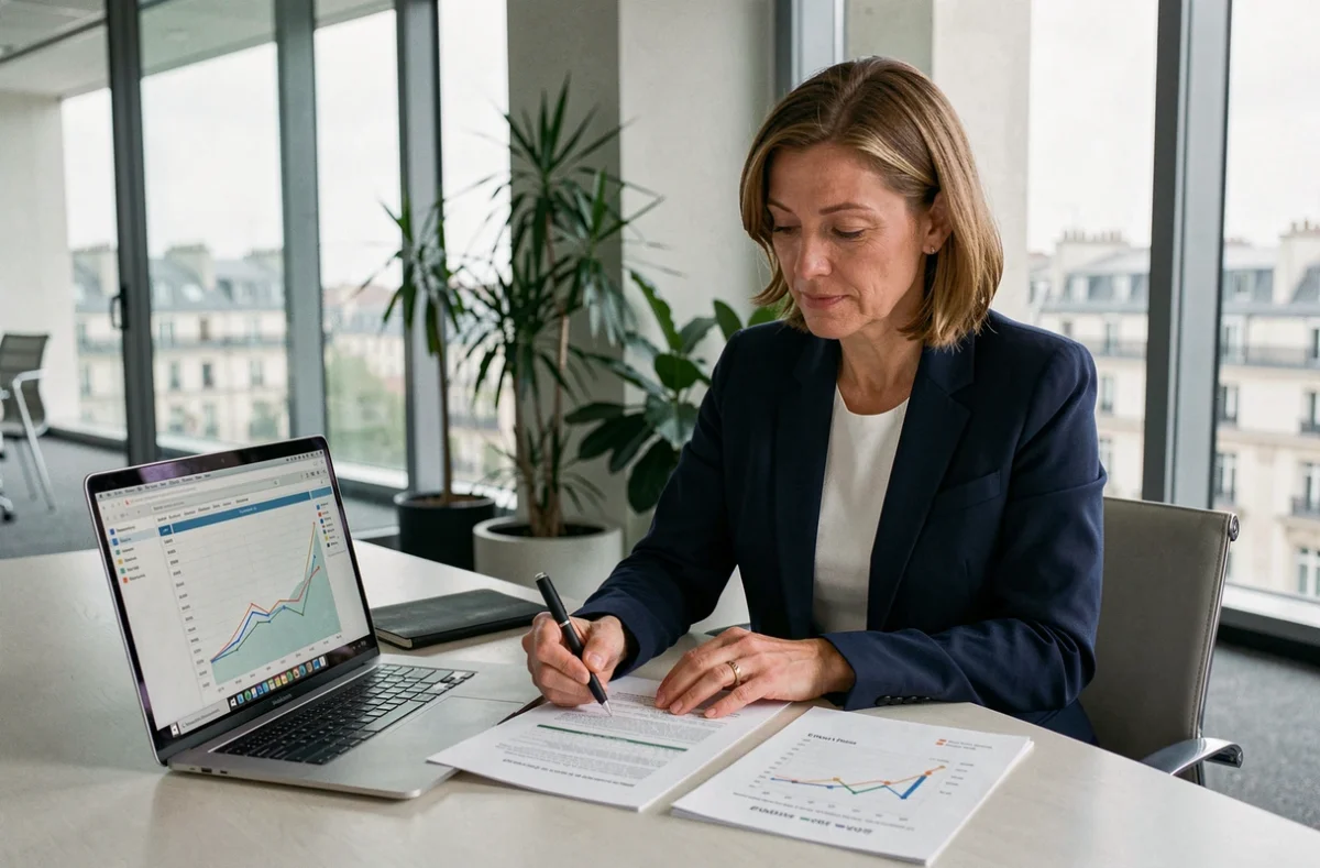 Femme cadre analysant des documents de SCPI dans un bureau moderne avec vue sur Paris