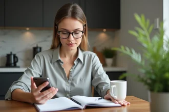 Femme regardant une application bancaire sur smartphone à la maison