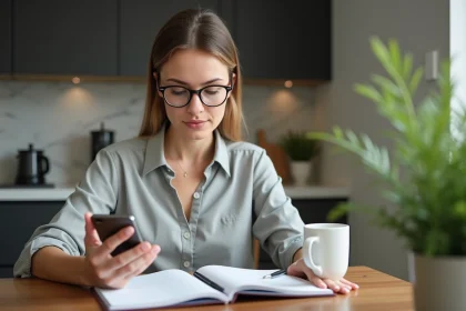 Femme regardant une application bancaire sur smartphone &agrave; la maison