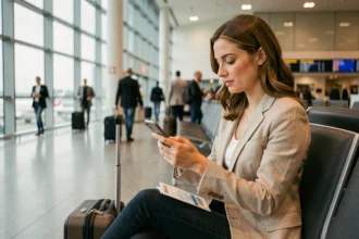 Femme consultant l'application Revolut à l'aéroport avant un départ en voyage, assurance voyage mobile