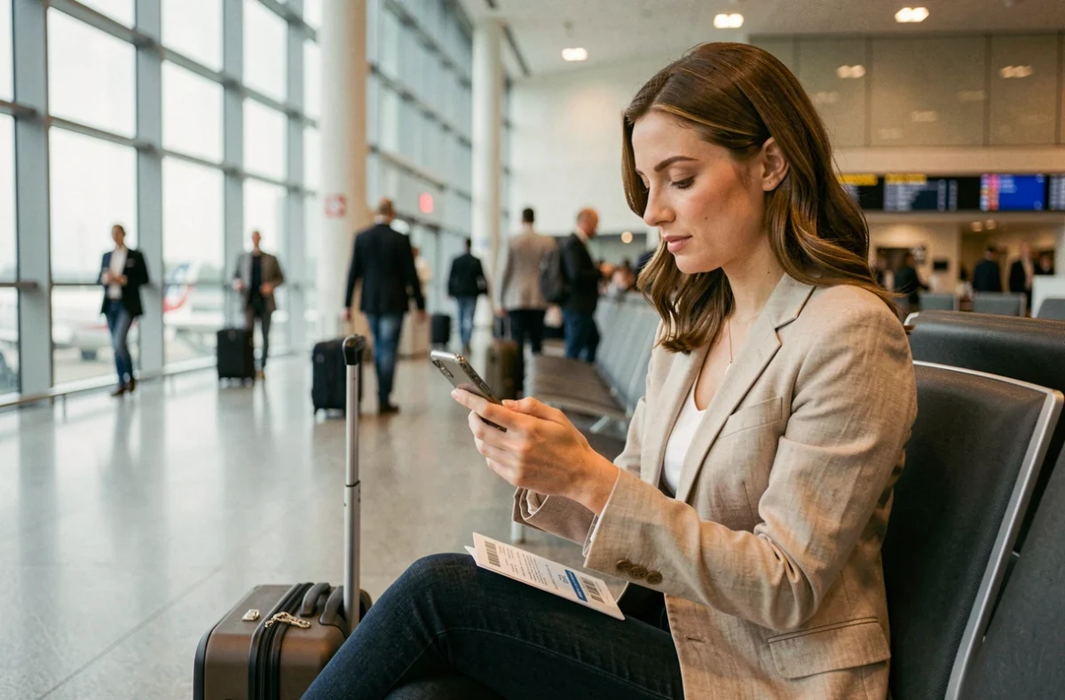Femme consultant l'application Revolut à l'aéroport avant un départ en voyage, assurance voyage mobile
