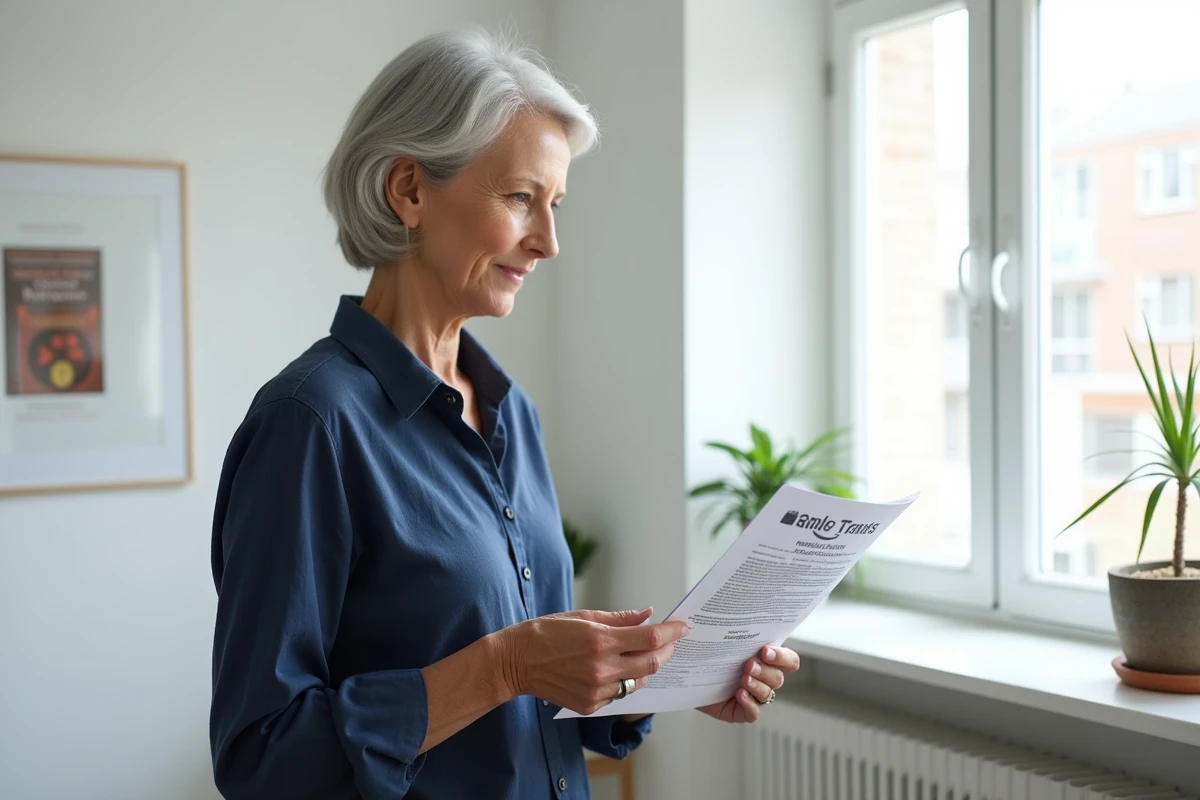 Femme auteure autoéditée tenant un rapport de royalties Amazon KDP dans son bureau minimaliste