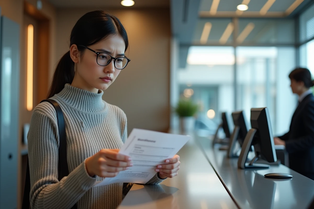 Jeune femme examinant un relev&eacute; bancaire dans une agence