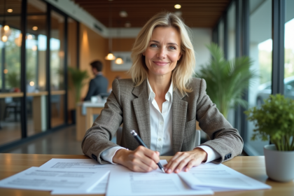 Femme d'âge moyen dans une banque moderne remplissant des papiers