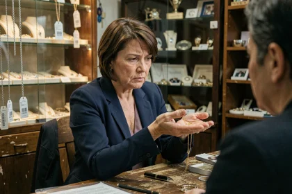 Femme méfiante tenant un collier en or face à un acheteur de bijoux dans une boutique de rachat encombrée