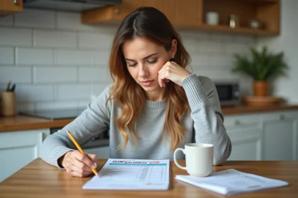 Femme analysant son budget et un ticket EuroMillions Étoile Plus sur une table de cuisine en bois