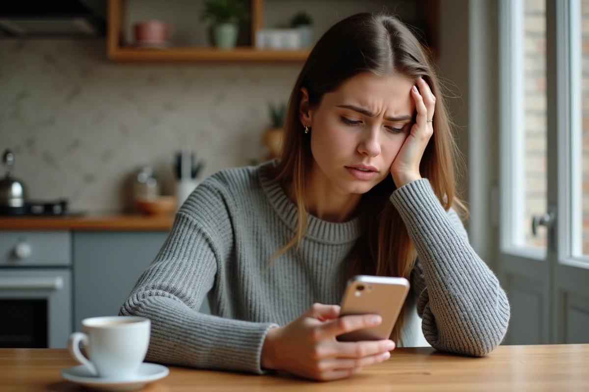 Femme frustrée consultant son smartphone affichant une erreur de l'application Caisse d'Epargne dans une cuisine moderne
