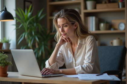 Femme d'âge moyen dans un bureau à domicile contemplant son ordinateur