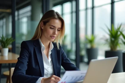 Femme cadre en bureau parisien consultant des documents sur le salaire moyen en France