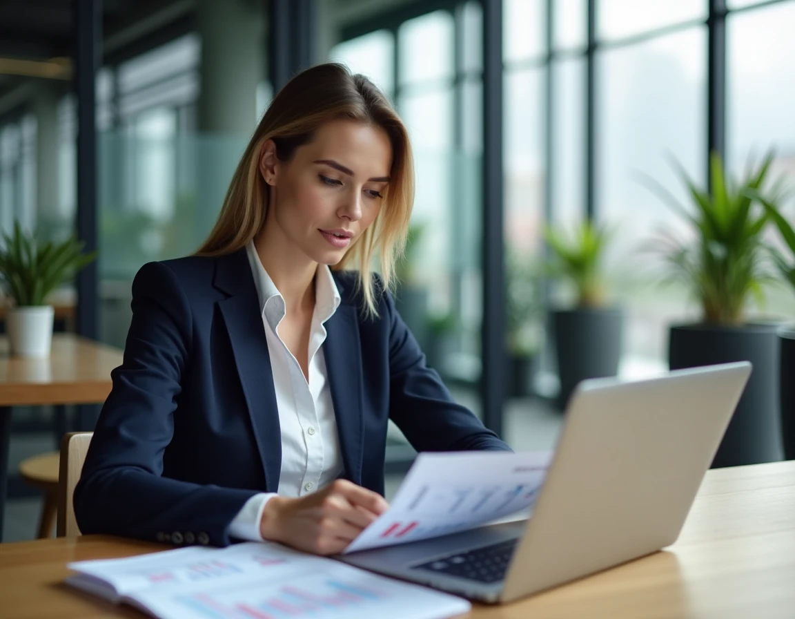 Femme cadre en bureau parisien consultant des documents sur le salaire moyen en France