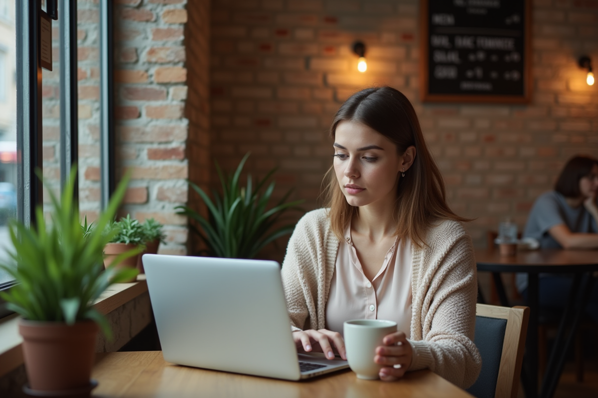 Jeune femme au café travaillant sur son ordinateur portable
