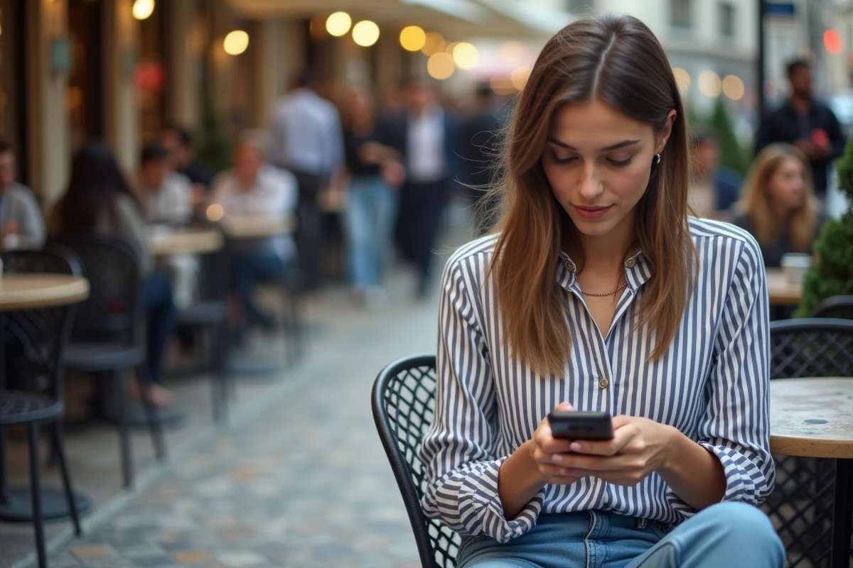 Jeune femme au cafe consulte son smartphone en ville