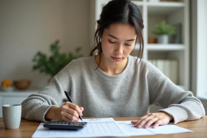 Femme calculant des heures centi&egrave;mes avec une calculatrice et une feuille de temps sur un bureau en bois