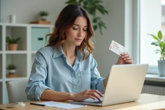 Femme utilisant sa carte Bimpli pour faire des achats sur Amazon depuis son bureau à domicile