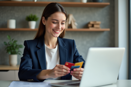 Jeune femme professionnelle compare des cartes de crédit