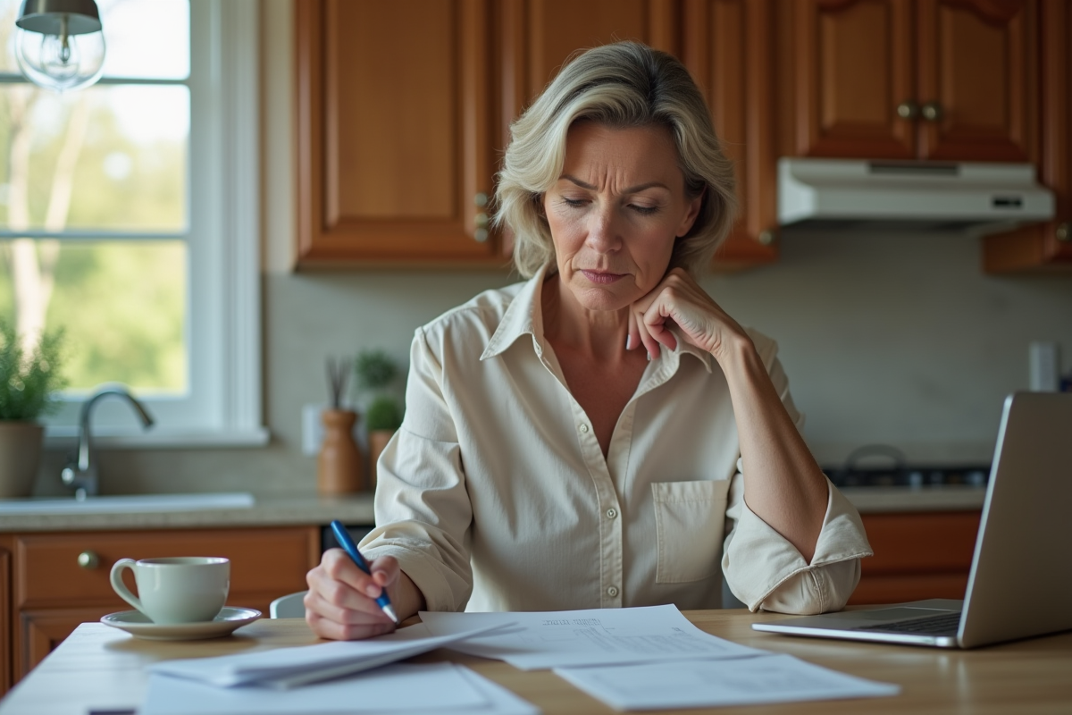 Femme concentrée gérant son budget à la maison