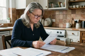 Femme âgée consultant un calendrier de paiement de pension d'invalidité à la table de cuisine