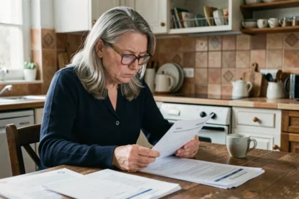 Femme âgée consultant un calendrier de paiement de pension d'invalidité à la table de cuisine