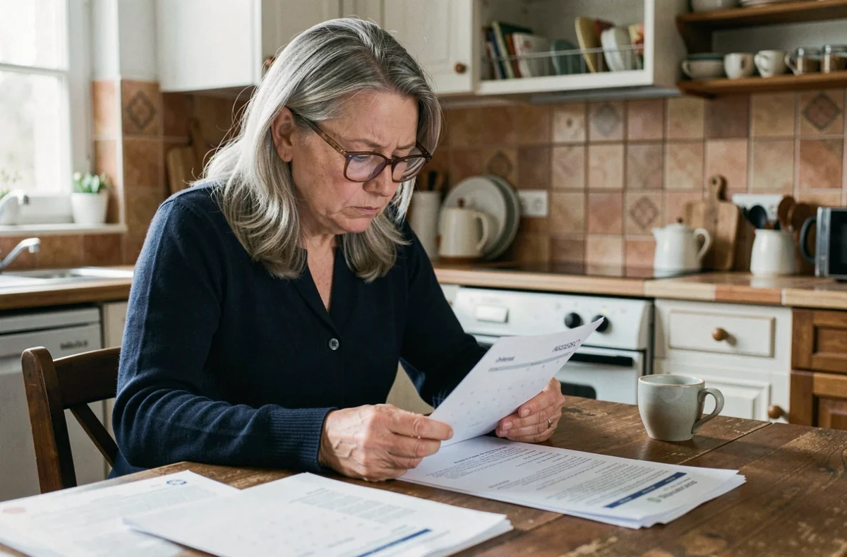 Femme âgée consultant un calendrier de paiement de pension d'invalidité à la table de cuisine