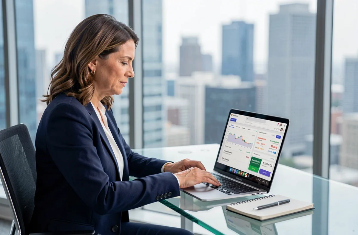 Femme professionnelle consultant les frais et ordres de son compte bourse sur un ordinateur portable en bureau vitré