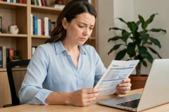 Femme consultant son contrat de mutuelle santé à son bureau à domicile