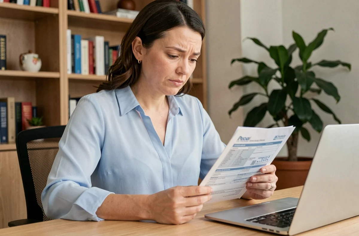 Femme consultant son contrat de mutuelle santé à son bureau à domicile