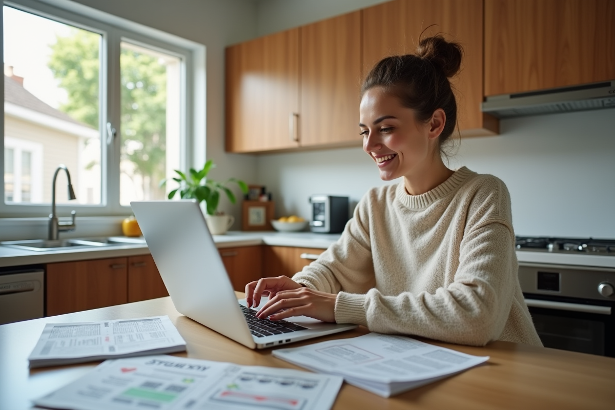 Jeune femme souriante utilisant des coupons en cuisine