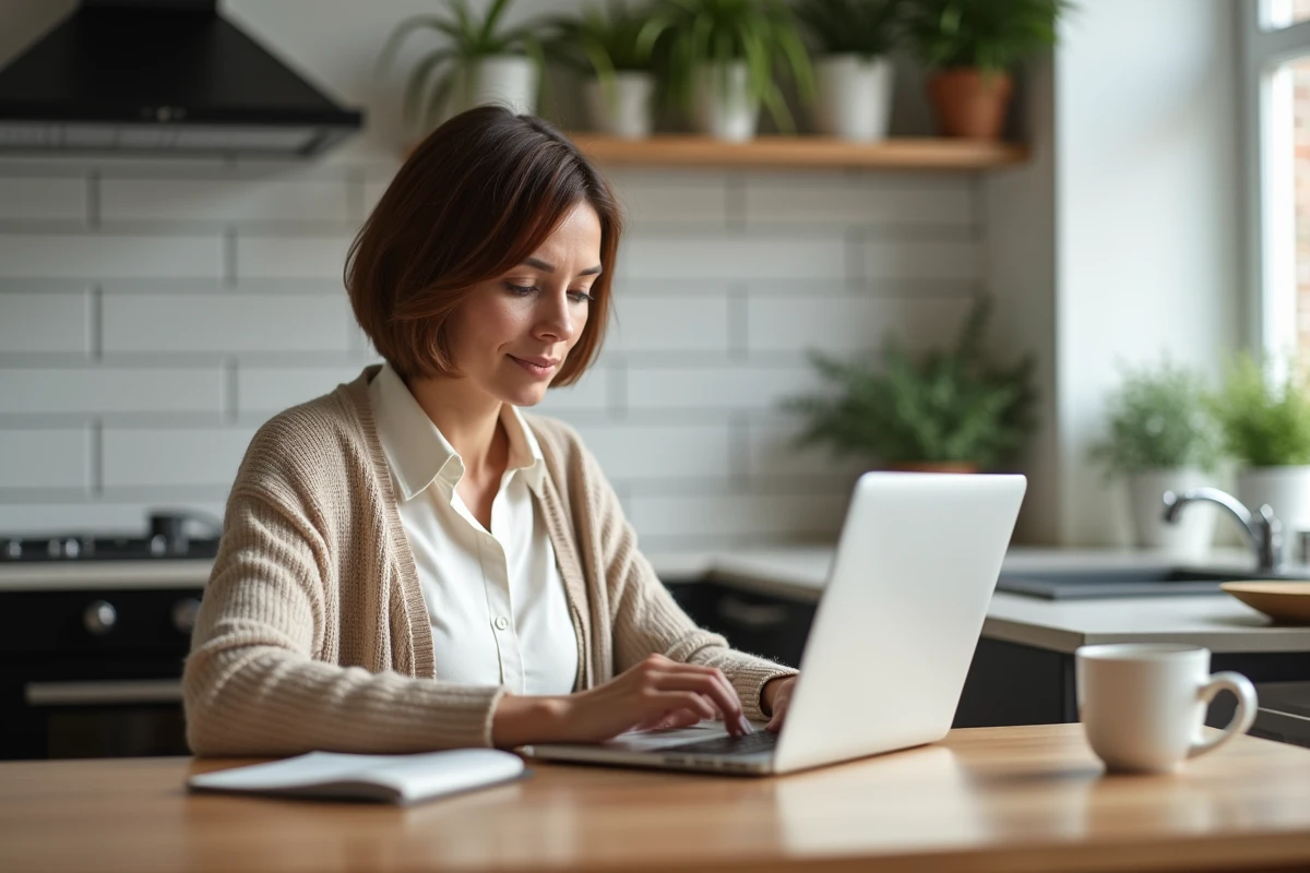 Femme d'âge moyen travaillant sur son ordinateur à la maison