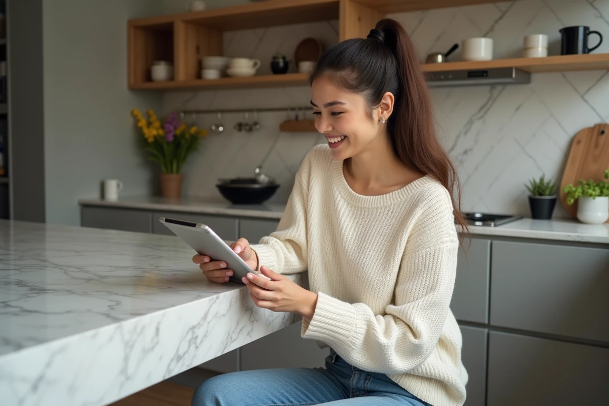 Jeune femme utilisant une tablette dans une cuisine chaleureuse