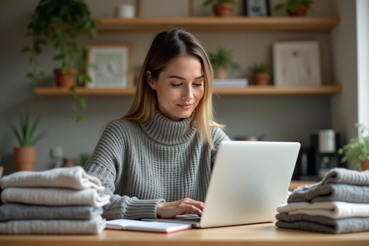 Femme consultant son ordinateur portable pour déclarer ses ventes Vinted aux impôts, entourée de vêtements pliés et d'un carnet de notes