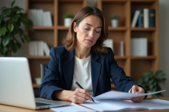 Femme analysant ses options d'épargne avec un livret et des documents financiers sur un bureau en bois à domicile