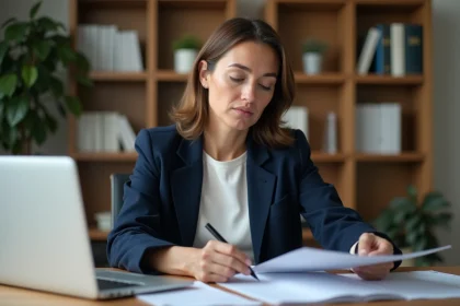 Femme analysant ses options d'épargne avec un livret et des documents financiers sur un bureau en bois à domicile