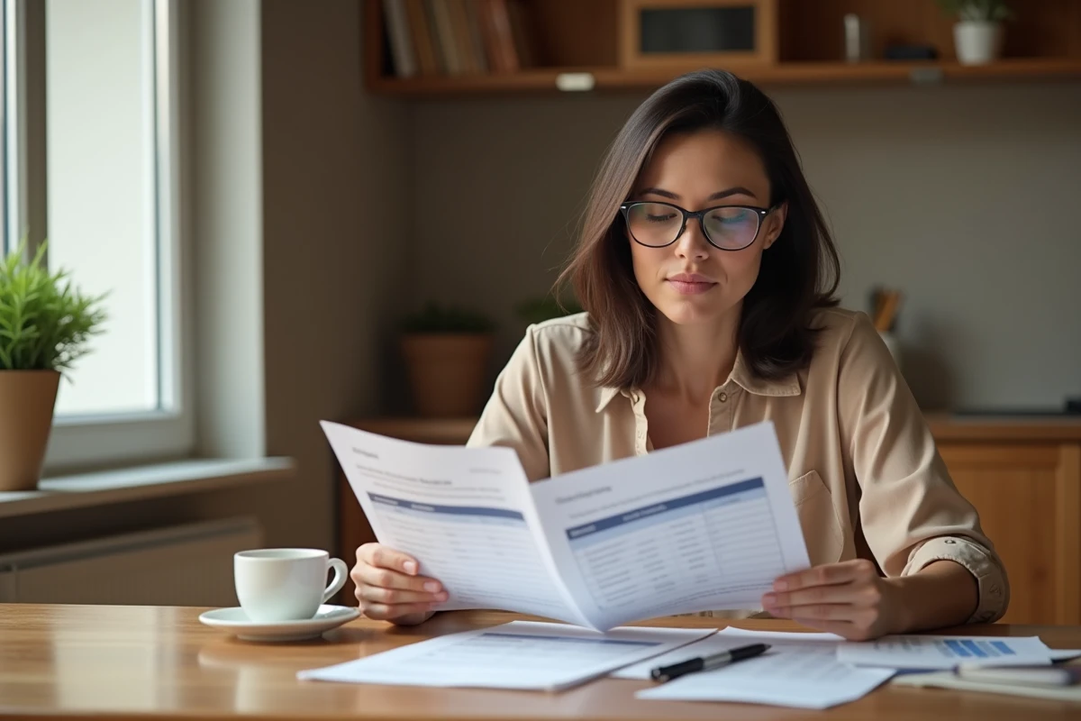 Femme consultant ses documents d'épargne et de placement à domicile pour évaluer les opportunités liées aux taux CMS