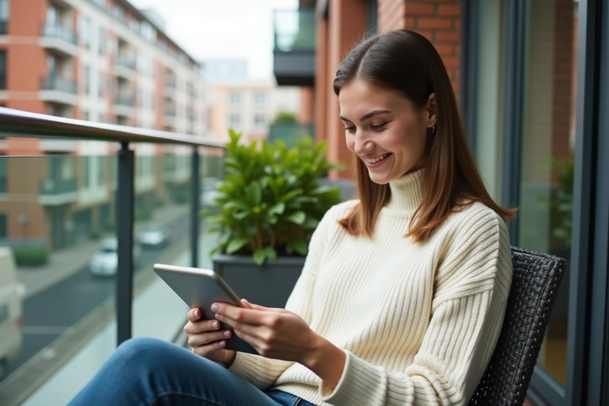 Jeune femme utilisant une tablette sur un balcon urbain