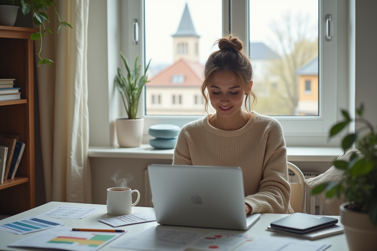 Jeune femme au salon travaillant sur son ordinateur portable