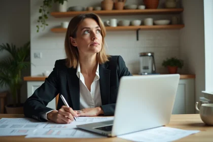 Femme analysant ses finances avec relev&eacute;s bancaires &agrave; la maison