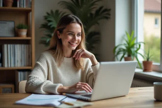 Femme souriante gérant ses finances à domicile
