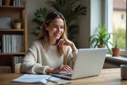 Femme souriante g&eacute;rant ses finances &agrave; domicile
