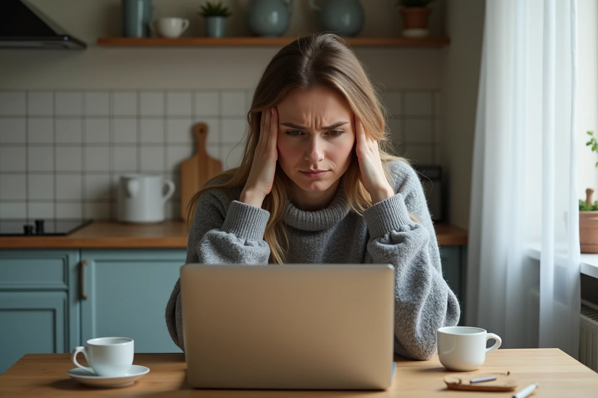 Femme frustrée devant son ordinateur portable avec un message d'erreur de paiement refusé sur la plateforme Free