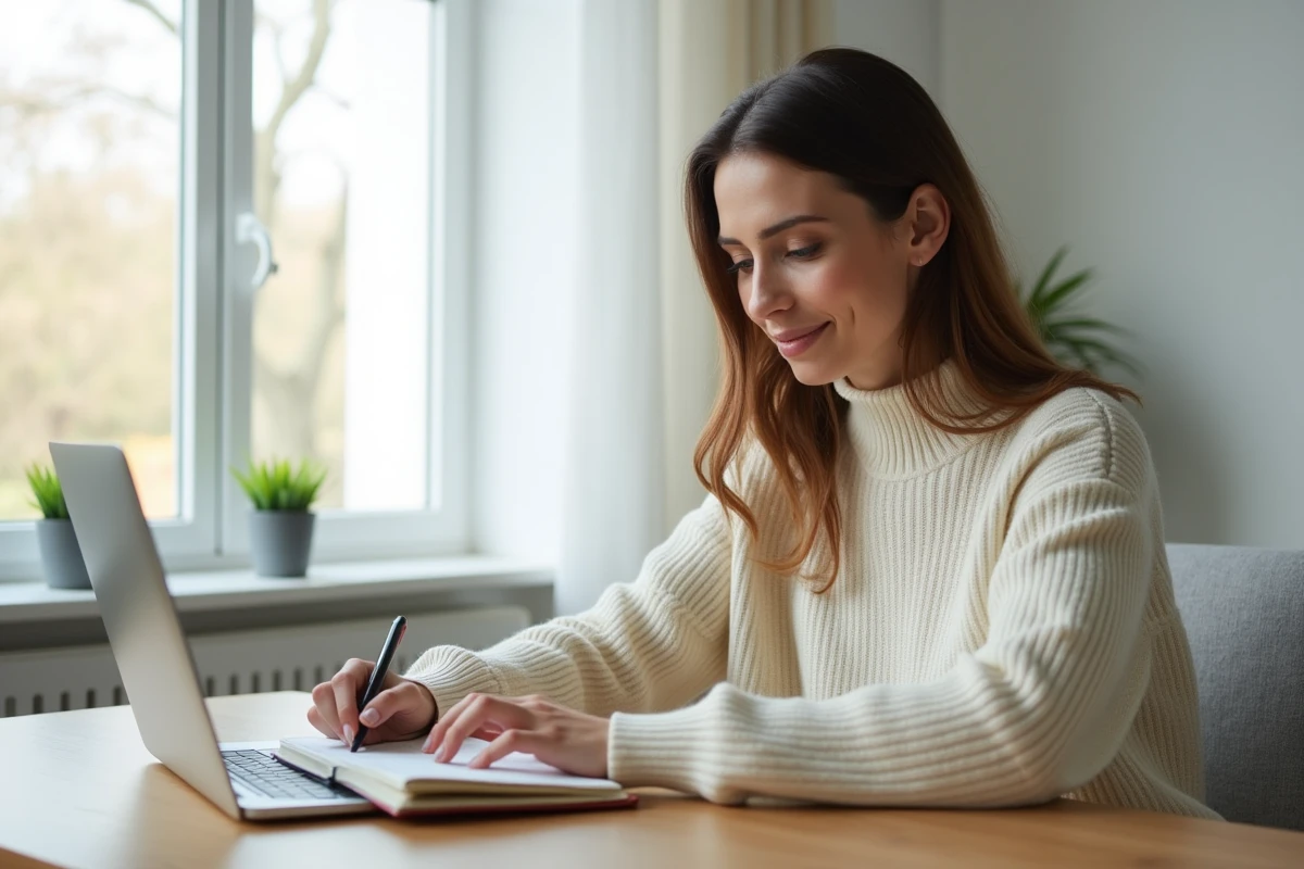 Femme sereine gérant son budget personnel sur un ordinateur portable dans un bureau minimaliste à domicile
