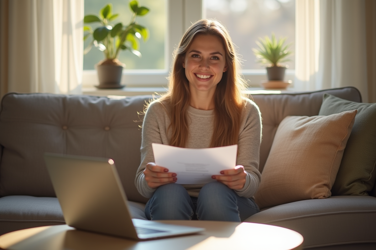 Femme heureuse assise à la maison avec papiers et ordinateur