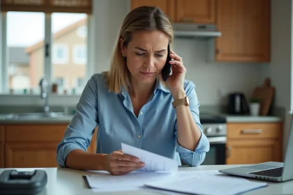 Femme anxieuse au t&eacute;l&eacute;phone dans une cuisine moderne