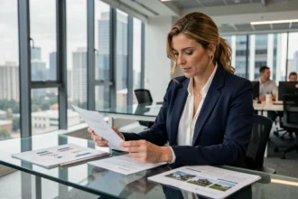 Femme investisseuse analysant des documents financiers liés à une SCPI dans un bureau moderne