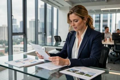 Femme investisseuse analysant des documents financiers liés à une SCPI dans un bureau moderne
