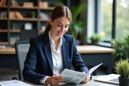 Femme professionnelle lit un magazine d'assurance dans un bureau moderne