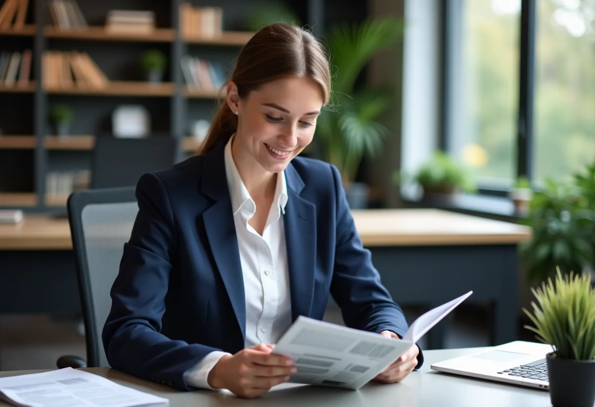 Femme professionnelle lit un magazine d'assurance dans un bureau moderne